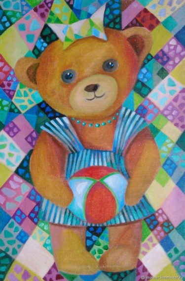 Картина под названием "The bear gently sha…" - Igor Sem, Подлинное произведение искусства, Масло Установлен на Деревянная ра…