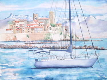 Aquarelle originale: Ancrage libre dans la baie d'Antibes Peinture intitulée "Aquarelle originale…" par Isabelle Redonnet, Œuvre d'art originale, Aquarelle