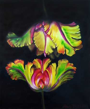Two Rainbow Tulips Peinture intitulée "Two Rainbow Tulips" par Mariam Mary Ellen, Œuvre d'art originale, Huile
