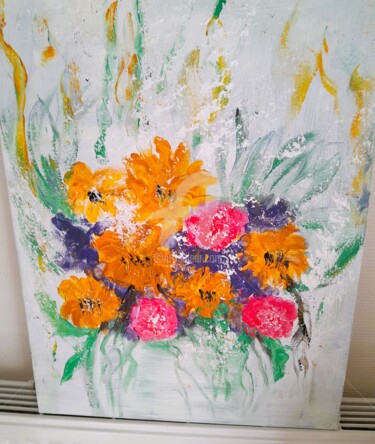 Schilderij getiteld "Fleurs colorées" door Edith Germain, Origineel Kunstwerk, Acryl Gemonteerd op Frame voor houten brancard