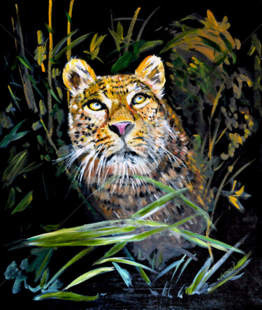 006-Leopard is watching in the forest Pintura intitulada "006-Leopard is watc…" por Clement Tsang, Obras de arte originais, Óleo