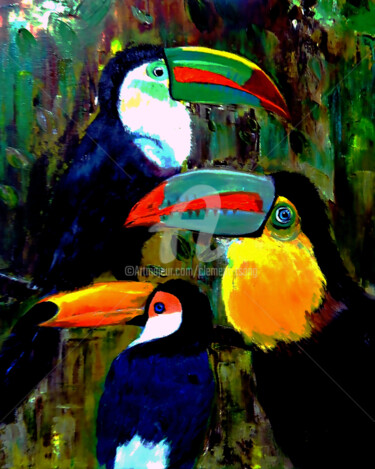 Peinture intitulée "Three Toucans in th…" par Clement Tsang, Œuvre d'art originale, Huile