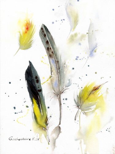 Pintura intitulada "Feathers" por Eugenia Gorbacheva, Obras de arte originais, Aquarela
