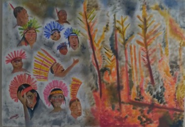 Pintura intitulada "Amazônia em Chamas" por Marcos Henrique Mello, Obras de arte originais, Óleo