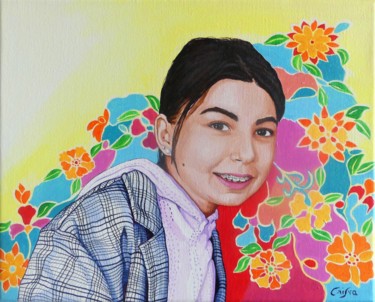 Peinture intitulée "Fillette et fleurs" par Christelle Vaesken, Œuvre d'art originale, Acrylique