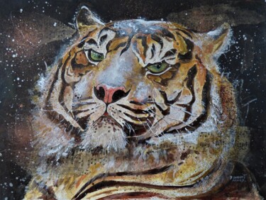 拼贴 标题为“tigre en hiver” 由Elisabeth Renard (B.Dumont Renard), 原创艺术品, 丙烯 安装在纸板上