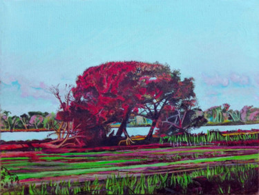 Painting titled "“Pini al lago di Pa…" by Cataldo Motolese, Original Artwork, Oil Mounted on Wood Stretcher frame