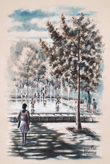 Côté fontaine miroir Painting titled "Côté fontaine miroir" by Jean-Paul Ramon, Original Artwork, Watercolor