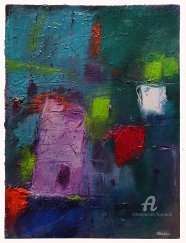 「Mansoura」というタイトルの絵画 Kam Bendiによって, オリジナルのアートワーク, オイル 段ボールにマウント