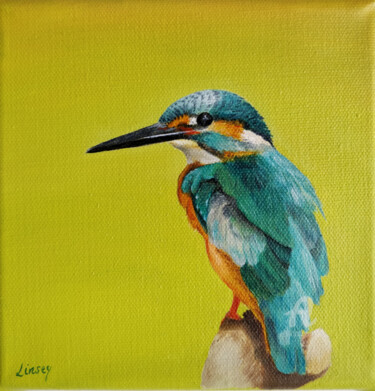 Painting titled "Martin pêcheur" by Linsey, Original Artwork, Oil Mounted on Wood Stretcher frame