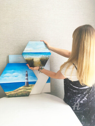 Diptych - Seascape oil painting, Blue ocean, small painting Картина под названием "Diptych - Seascape…" - Violetta Golden, Подлинное произведение искусства, Масло Установлен на Деревян…