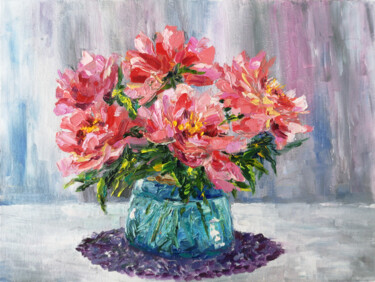 Pink peony bouquet still life Coral peonies small painting Malerei mit dem Titel "Pink peony bouquet…" von Olya Grigorevykh, Original-Kunstwerk, Öl