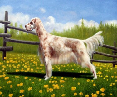 Painting titled "Portrait pet dog 010" by James Shang, Original Artwork, Oil Mounted on Wood Stretcher frame