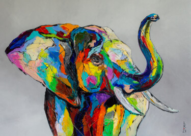 Peinture intitulée "Happy elephant" par Liubov Kuptsova, Œuvre d'art originale, Huile Monté sur Châssis en bois