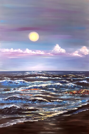 Moonlit path on the sea/Лунная дорожка на море Painting titled "Moonlit path on the…" by Svetlana Kunegina, Original Artwork, Oil Mounted on Wood Stretcher frame