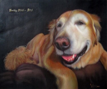 Painting titled "Portrait pet dog 014" by James Shang, Original Artwork, Oil Mounted on Wood Stretcher frame