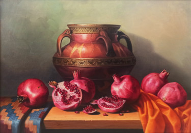 Still life with pomegranates(50x70cm, oil painting, ready to Peinture intitulée "Still life with pom…" par Sergey Miqayelya, Œuvre d'art originale, Huile Monté sur Châssis en bois