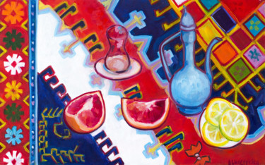 Peinture intitulée "Blue Jug and Armuda" par Iryna Benderovska, Œuvre d'art originale, Huile
