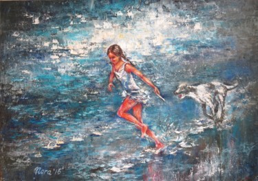 Girl and Dog original oil painting on canvas 绘画 标题为“Girl and Dog origin…” 由Eleonora Taranova, 原创艺术品, 油 安装在木质担架架上