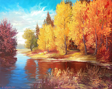 Autumn forest (80x100cm, oil painting, palette knife) Pintura intitulada "Autumn forest (80x1…" por Kamo Atoyan, Obras de arte originais, Óleo Montado em Armação em madeira