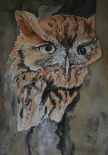 CHOUETTE - aquarelle animalière originale unique Peinture intitulée "CHOUETTE - aquarell…" par Eliane Morvan (CREADELI "les petits bonheurs d'Eli"), Œuvre d'art originale,…