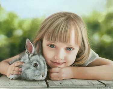 Malerei mit dem Titel "Petite fille et son…" von Cathy Cheneau, Original-Kunstwerk, Pastell