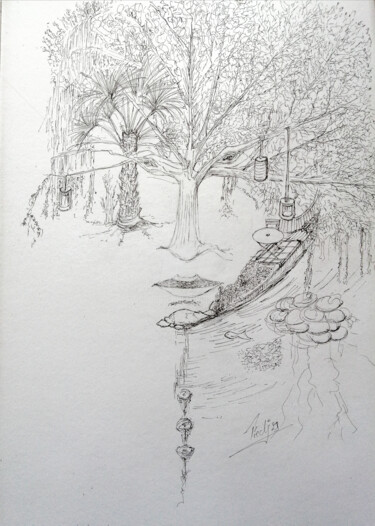 Dessin intitulée "Guinguette" par Frederic Janssens (Fredj), Œuvre d'art originale, Marqueur
