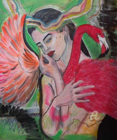 Painting titled "Flamingo" by Vindhya Acharya, Original Artwork, Acrylic