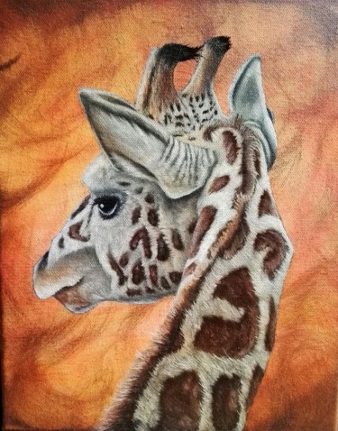 绘画 标题为“La girafe huile sur…” 由Steivan Loundou, 原创艺术品, 油 安装在木质担架架上