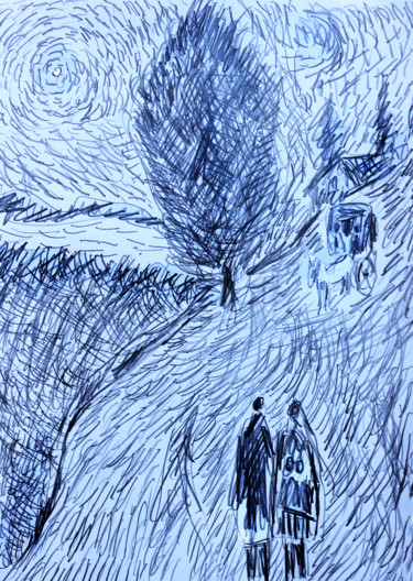 图画 标题为“Couple et calèche d…” 由Jean Mirre, 原创艺术品, 铅笔