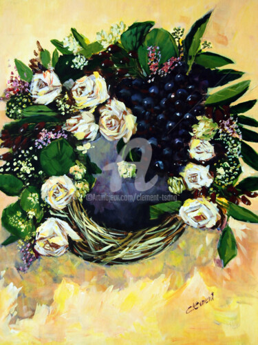 Basket of Grapes and White Roses Peinture intitulée "Basket of Grapes an…" par Clement Tsang, Œuvre d'art originale, Acrylique