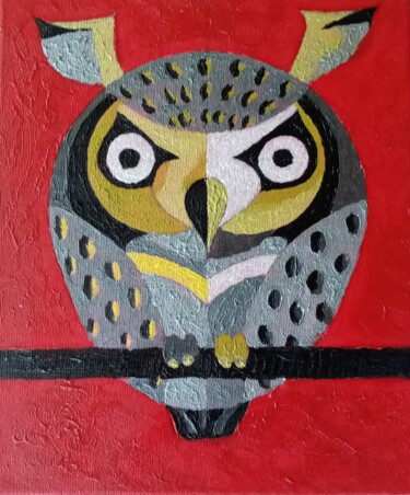 Painting titled "Hibou en pose ." by Bertrand Jost, Original Artwork, Acrylic Mounted on Wood Stretcher frame