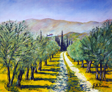 Vignoble du Vaucluse- G.Pachet Micheneau- Huile au couteau Painting titled "Vignoble du Vauclus…" by Gyslaine Pachet Micheneau, Original Artwork, Oil Mounted on Wood Stretcher frame
