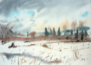 Painting titled "Zimná krajina ( Win…" by Rudolf Suran, Original Artwork, Watercolor