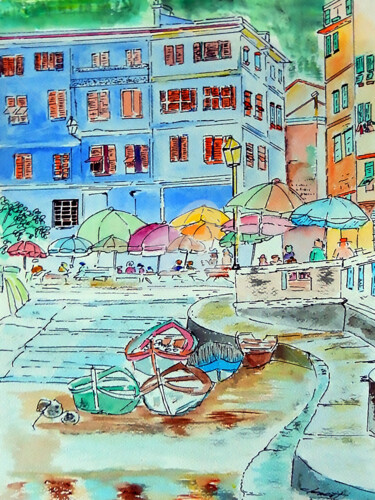 Peinture intitulée "City of Italy" par Clement Tsang, Œuvre d'art originale, Aquarelle