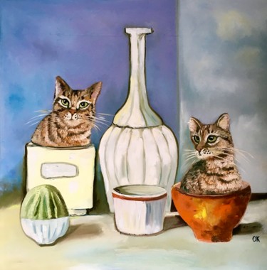 Two Cats in Giorgio Morandi Still life with bottles and pots 绘画 标题为“Two Cats in Giorgio…” 由Olga Koval, 原创艺术品, 油 安装在木质担架架上