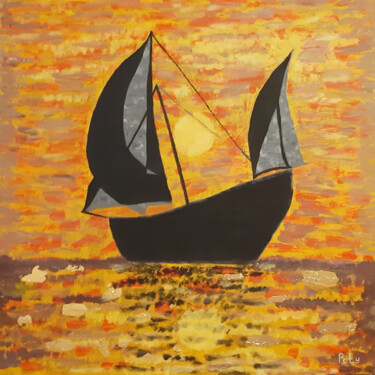 Sunset at sea (Acrylic painting with gold leaf), 2021 绘画 标题为“Sunset at sea (Acry…” 由Poly, 原创艺术品, 丙烯