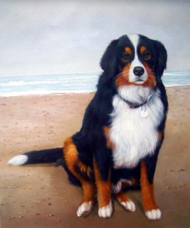 Painting titled "Portrait pet dog 028" by James Shang, Original Artwork, Oil Mounted on Wood Stretcher frame