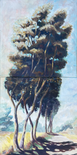 Painting titled "Le chemin des eucal…" by Christel Fréon, Original Artwork, Acrylic Mounted on Wood Stretcher frame