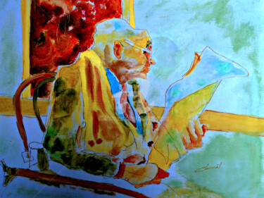 Schilderij getiteld "S-Old man reading n…" door Clement Tsang, Origineel Kunstwerk, Olie