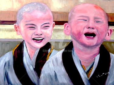 Ζωγραφική με τίτλο "S-Two Baby Monks" από Clement Tsang, Αυθεντικά έργα τέχνης, Λάδι