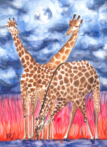 Aquarelle originale et unique, intitulée: Girafes Peinture intitulée "Aquarelle originale…" par Isabelle Redonnet, Œuvre d'art originale, Aquarelle