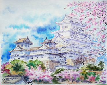 Japanese castle Himeji Painting titled "Japanese castle Him…" by Olga Larina, Original Artwork, Watercolor