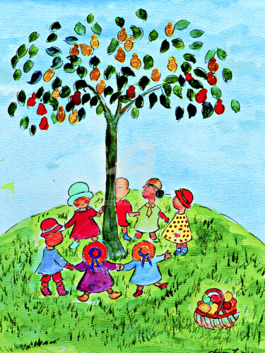 Peinture intitulée "F-Children Playing…" par Clement Tsang, Œuvre d'art originale, Aquarelle