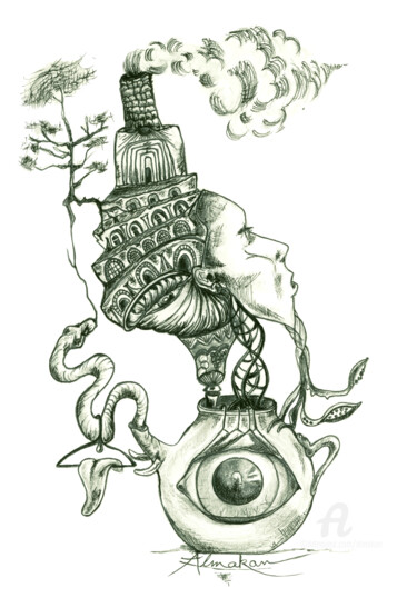 제목이 "Le génie de ma lampe"인 그림 Almakan로, 원작, 잉크