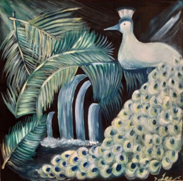 ART LONG TAIL WHITE PEACOCK ON PALM'S LEAVES AND WATERFALLS 绘画 标题为“ART LONG TAIL WHITE…” 由Invinci Bill Jean, 原创艺术品, 油