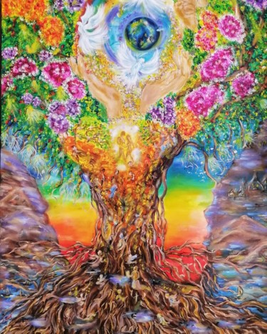 Painting titled "Древо жизни" by Svetlana Sklyar, Original Artwork, Oil Mounted on Wood Stretcher frame