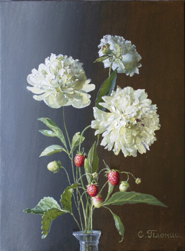 Still life with peonies and strawberries Malerei mit dem Titel "Still life with peo…" von Stanislav Plonish, Original-Kunstwerk, Öl Auf Keilrahmen aus Holz montiert