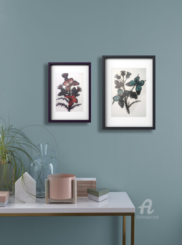 Diptych "Spring awaking " - butterfly painting, floral art 绘画 标题为“Diptych "Spring awa…” 由Violetta Golden, 原创艺术品, 标记 安装在纸板上