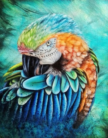 绘画 标题为“Perroquet huile sur…” 由Steivan Loundou, 原创艺术品, 油 安装在木质担架架上